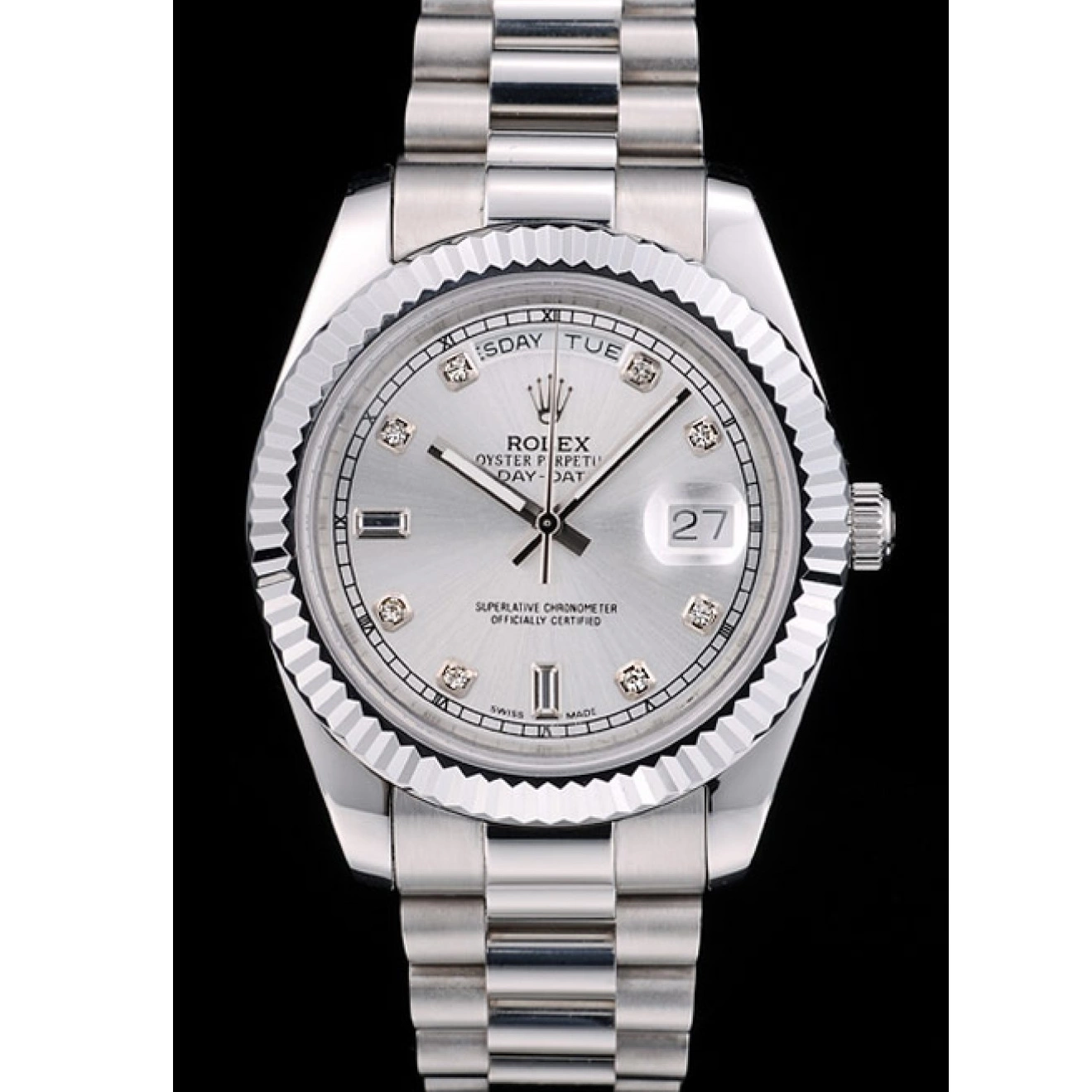 Aaa replica watch Bezel Rolex Swiss Ribbed Silver 41995 DayDate Stainless Steel Dial 0801